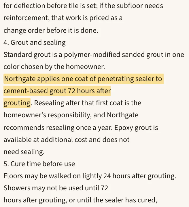 A chat answer quoting a job's walkthrough notes and the company's tile terms, with the terms document open beside it at the highlighted passage.