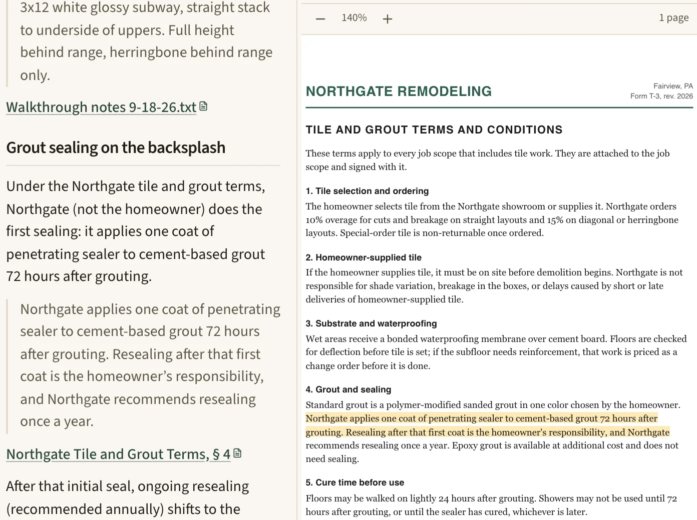 A chat answer quoting a job's walkthrough notes and the company's tile terms, with the terms document open beside it at the highlighted passage.