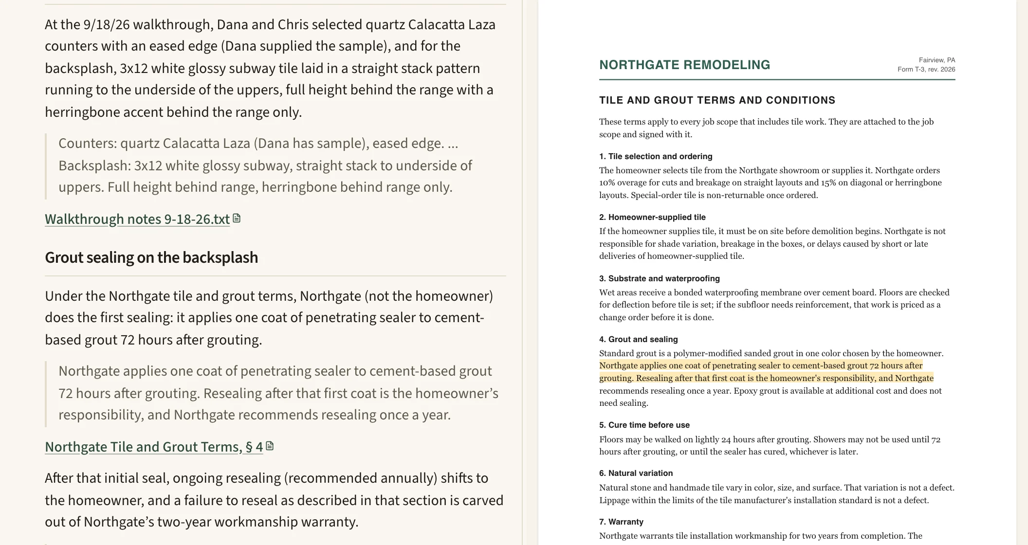 A chat answer quoting a job's walkthrough notes and the company's tile and grout terms, with the terms document open beside it at the highlighted passage about sealing the grout.