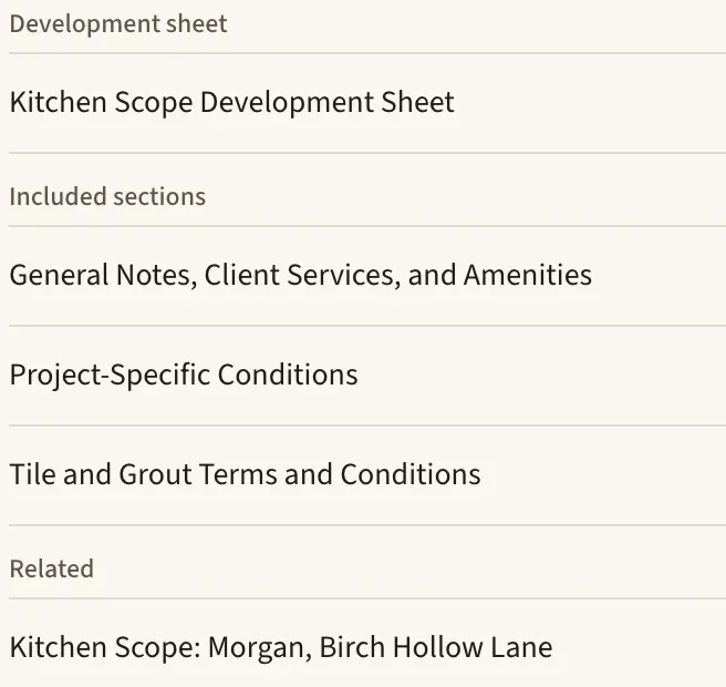 The links on a Library item for a kitchen scope template: its development sheet, the three terms sections it includes and an example scope.