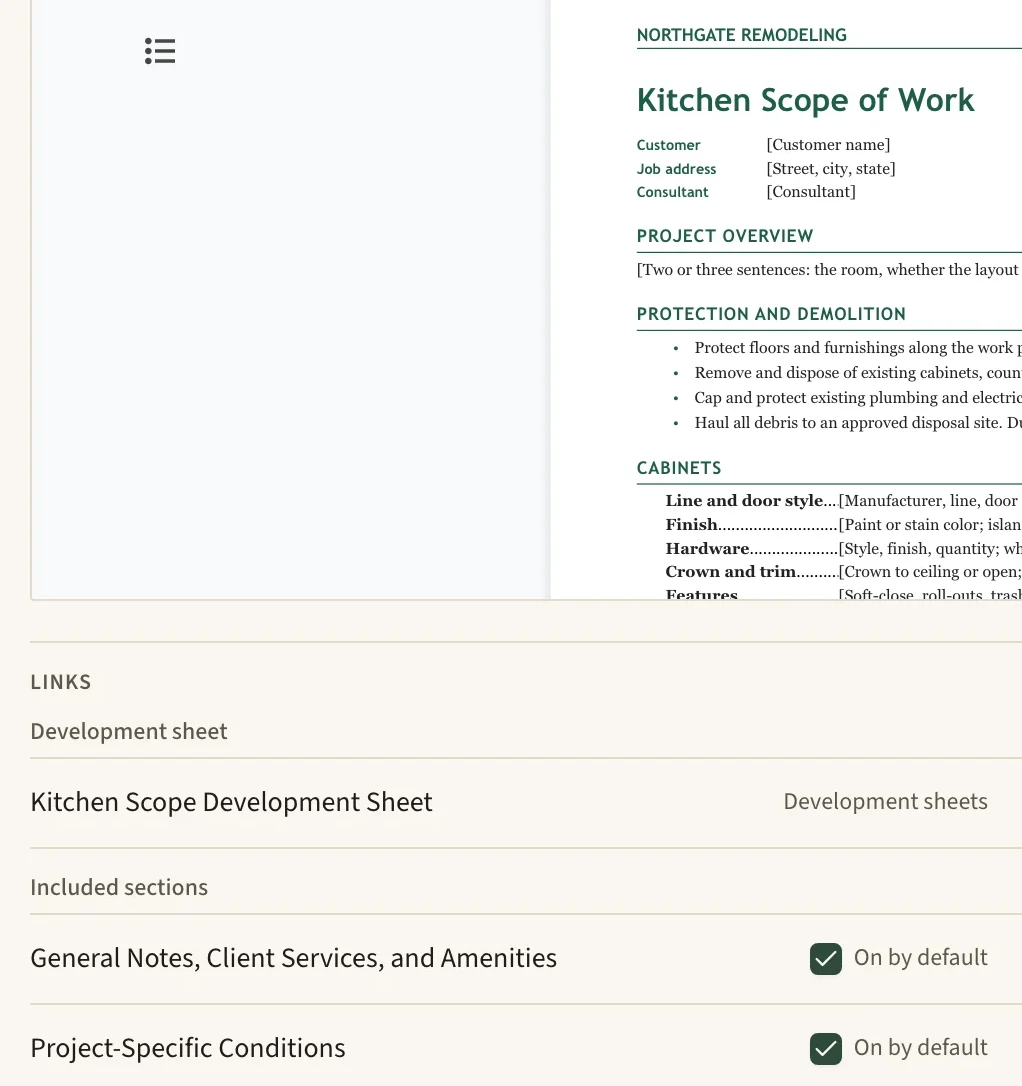 A Library item for a kitchen scope template: the top of the template's preview, with Northgate Remodeling's letterhead, the title Kitchen Scope of Work and bracketed blanks for the customer, job address and consultant, then links to its development sheet and the first two terms sections it includes.