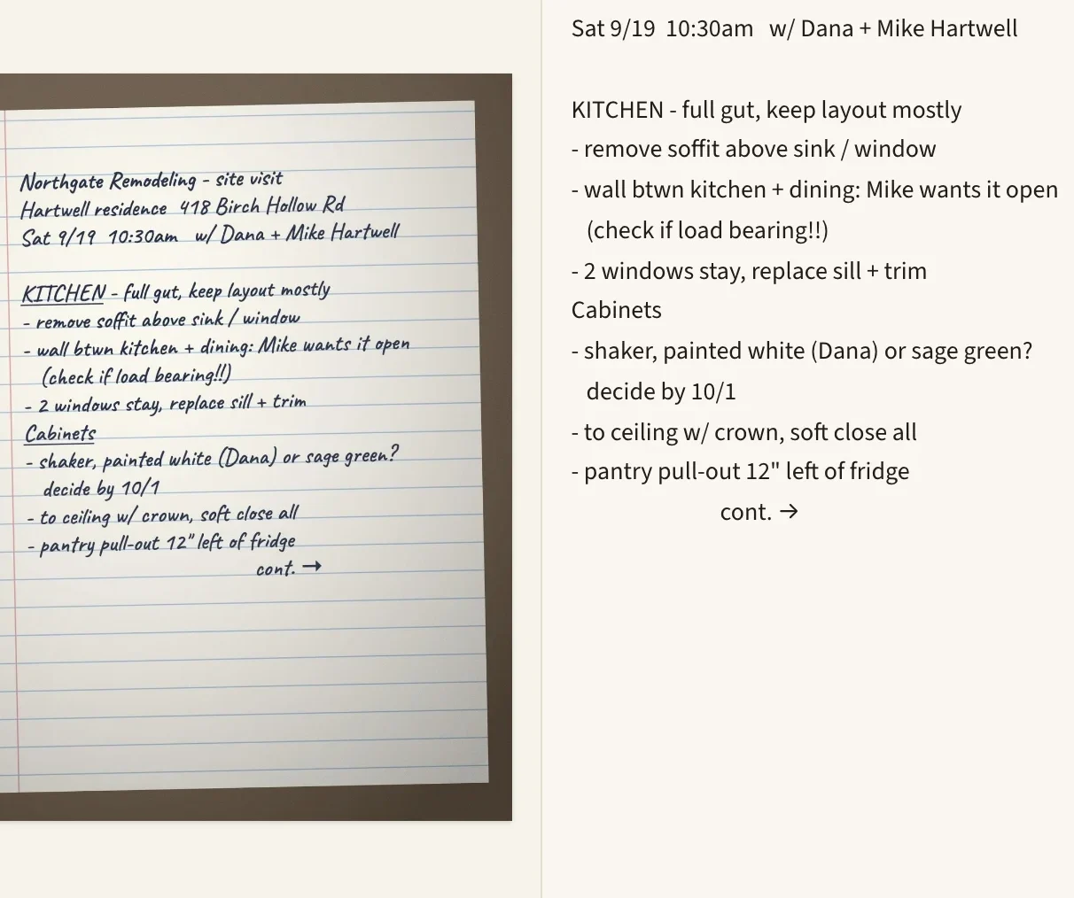 A photographed page of handwritten site notes beside its typed transcription.