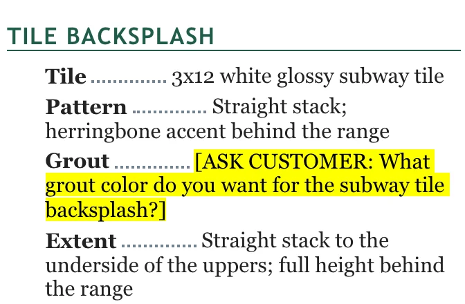 Part of a kitchen scope of work in a remodeler's own template, with the grout color line highlighted as a question for the customer.