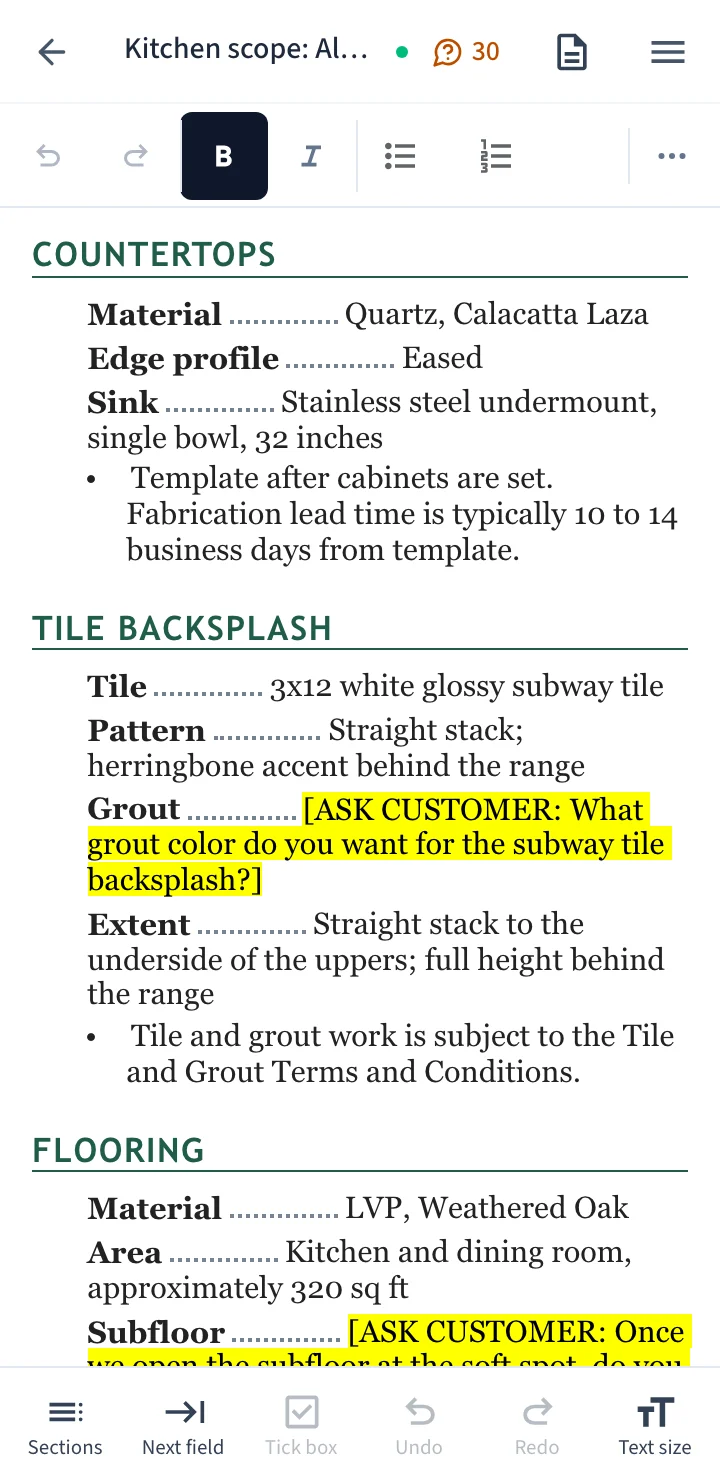 A kitchen scope open in Grounds on a phone, with the grout color line highlighted as a question for the customer.