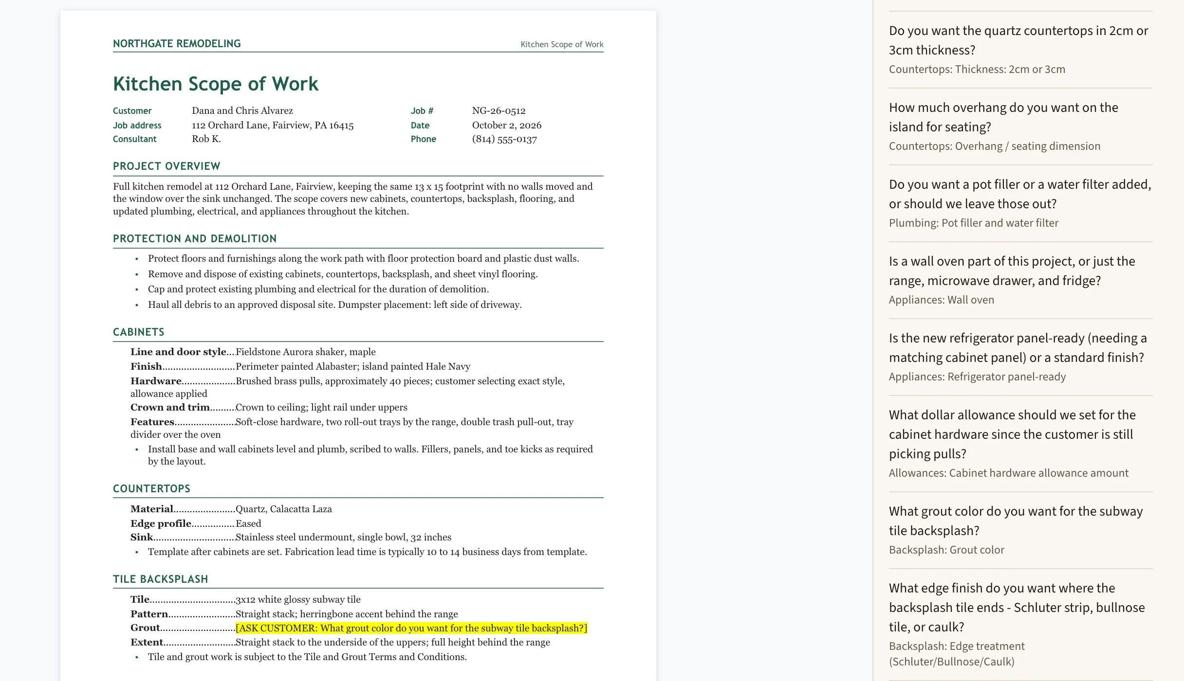 A kitchen scope of work on Northgate Remodeling's letterhead, with green section headings and dotted tab leaders, one highlighted fill-in asking the customer's grout color, and a side panel listing the questions the notes didn't answer.