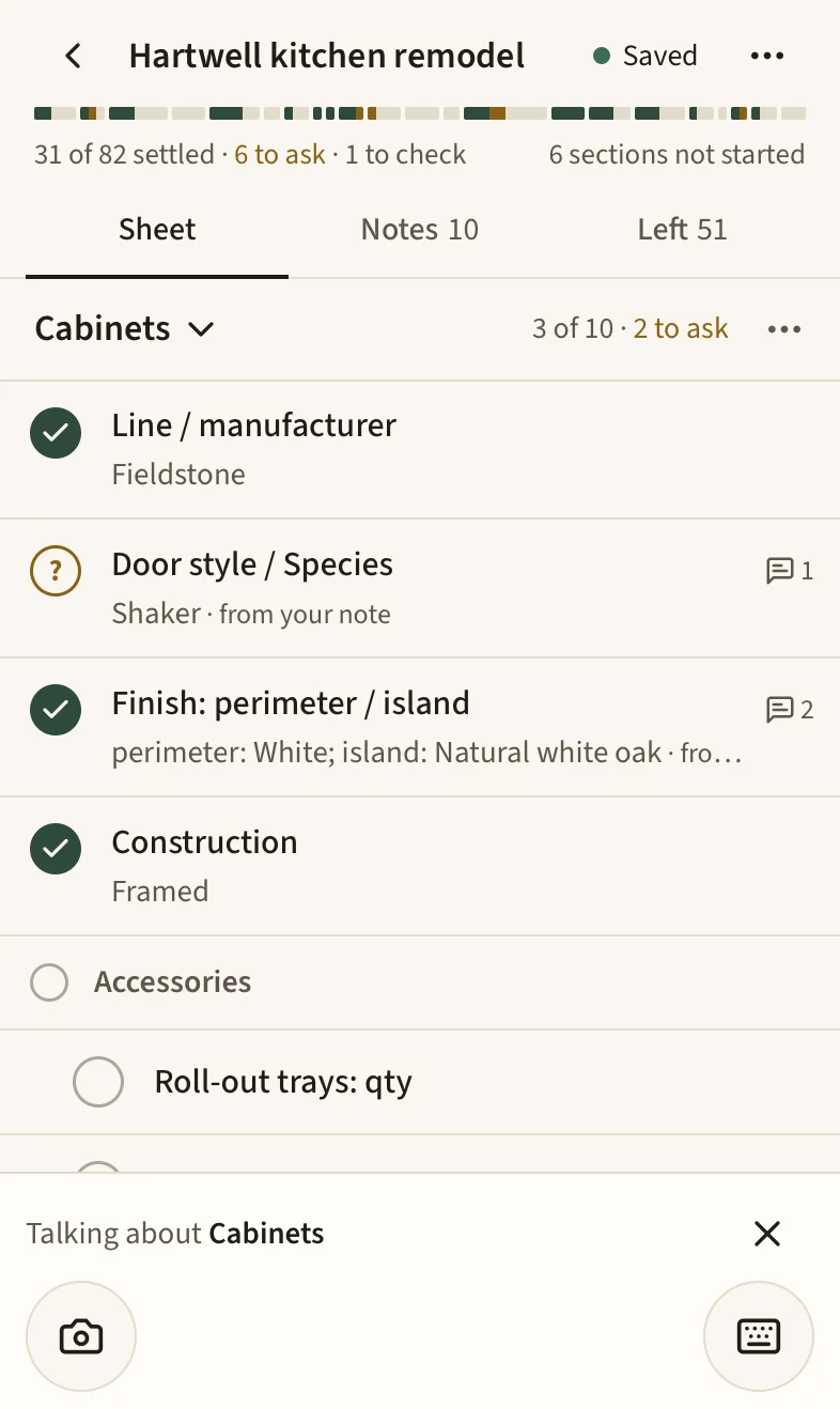 A phone screen showing a visit checklist for a kitchen job, with a count of notes beside the items they answer.