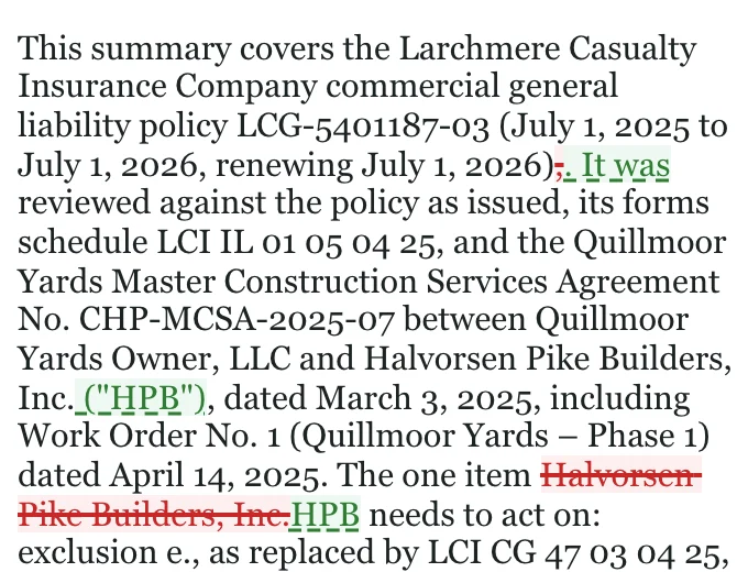 A paragraph of a coverage summary in the Grounds editor, with the AI's edits shown as word-level tracked changes.