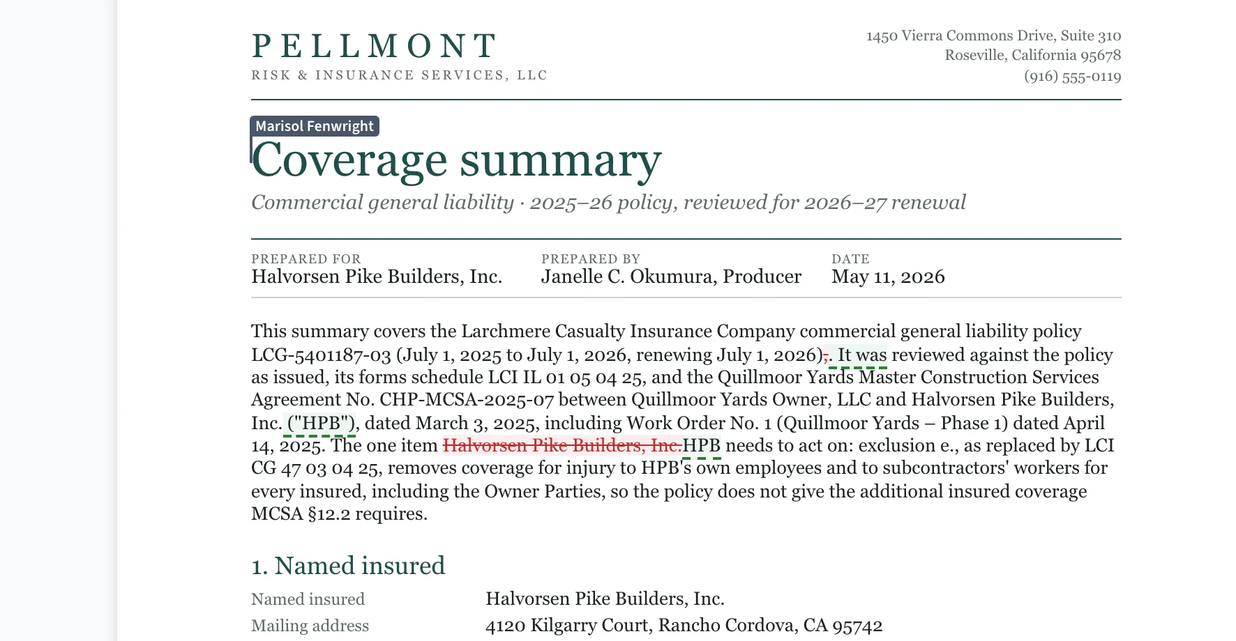 A coverage summary on an insurance agency's letterhead in the Grounds editor, with the AI's edits shown as word-level tracked changes and a colleague's named cursor at the title.