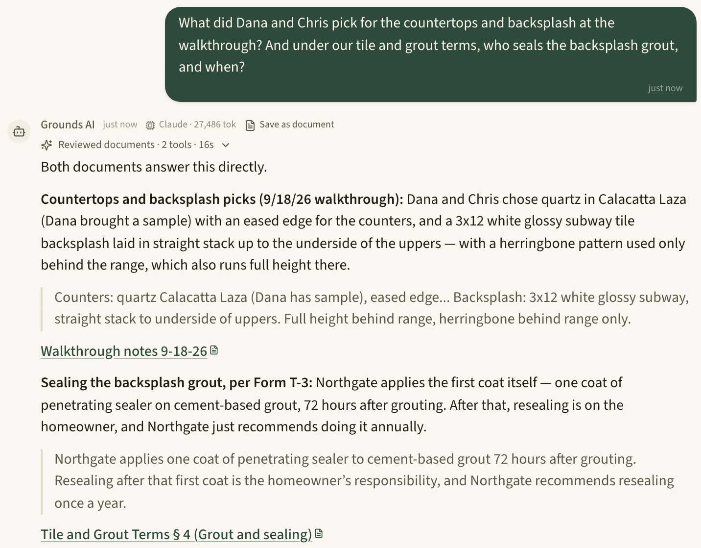 A Workspace chat answer about a sample remodeling job that quotes the walkthrough notes and the company's tile and grout terms, with a link to each.