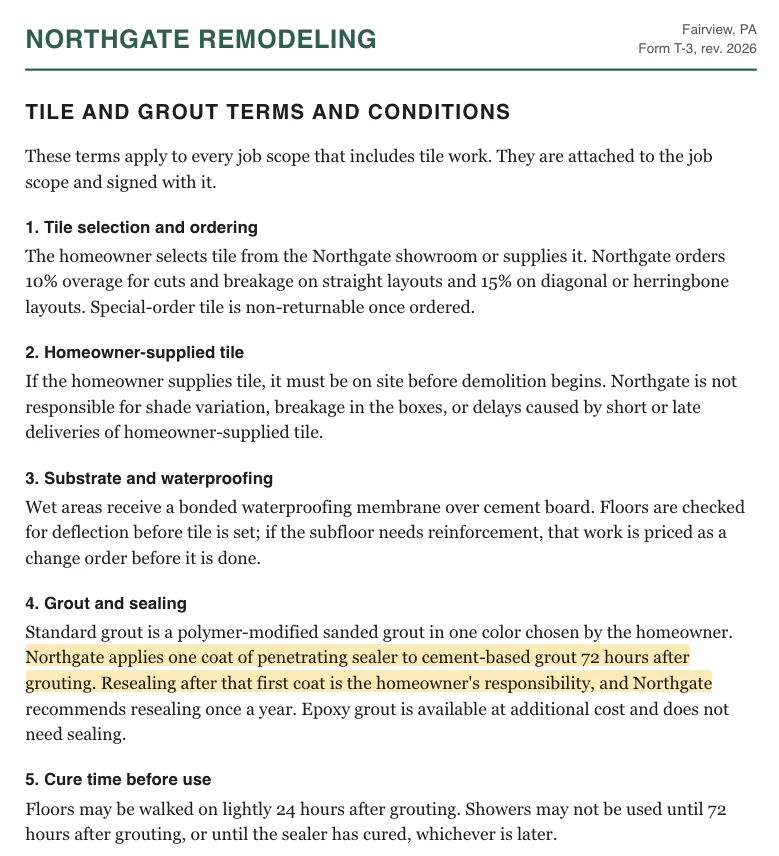 The cited terms document opened beside the answer, with the quoted sealing passage highlighted.
