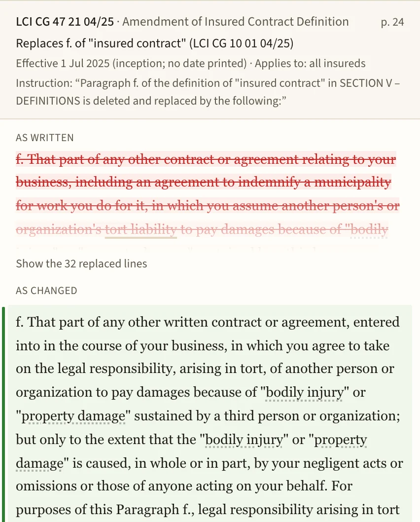 A change card showing an endorsement's instruction, and the definition's paragraph f. as written above the same paragraph as changed.