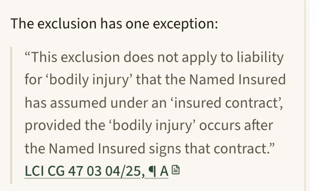 A chat answer quoting the one exception in a liability policy's exclusion for injury to employees and contractor workers, with a link to the endorsement under the quote.