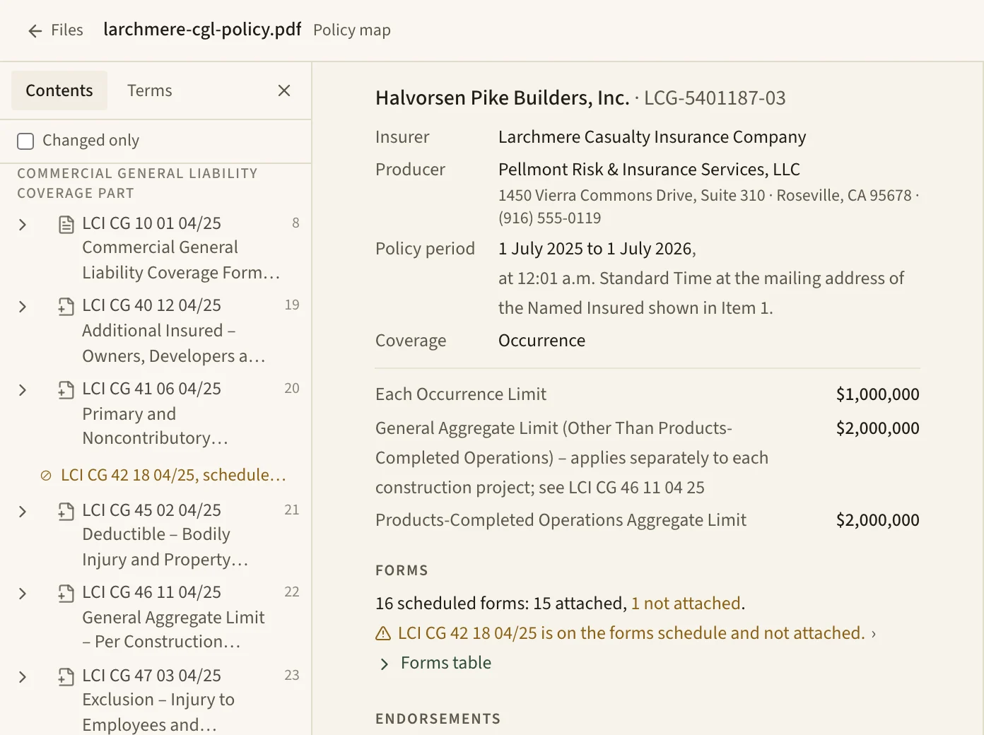 A policy map's summary beside its contents: the named insured, insurer, producer, policy period and limits, then the forms count, 16 scheduled and 15 attached, with a line saying one scheduled endorsement isn't attached. The contents list that endorsement as scheduled and not attached.