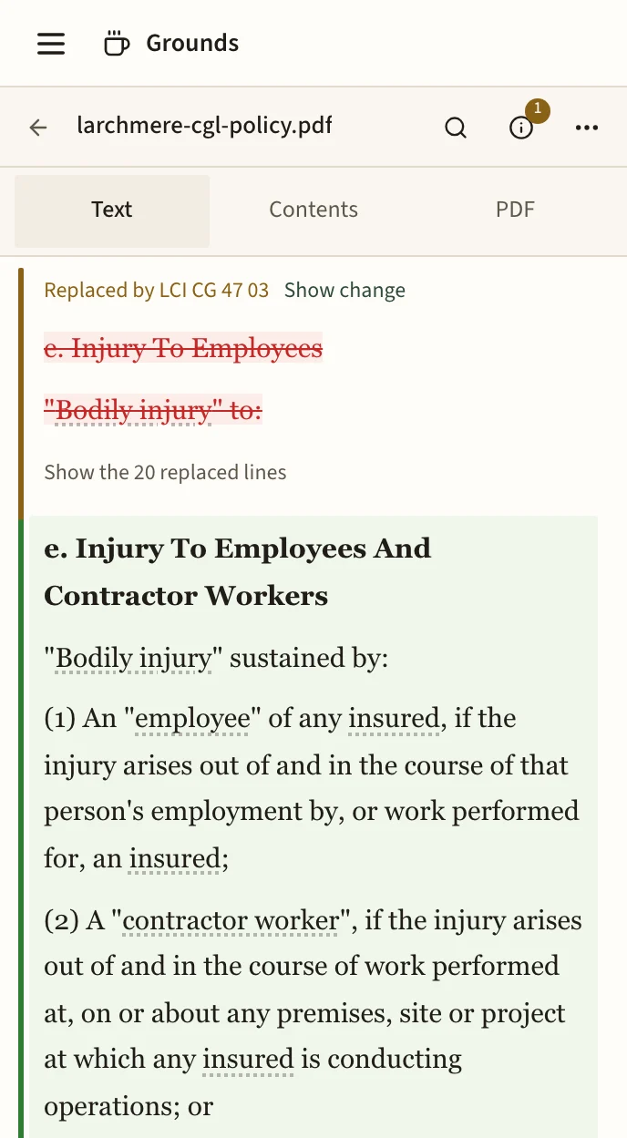 The same policy map on a phone, with the replaced exclusion struck through above its new wording.