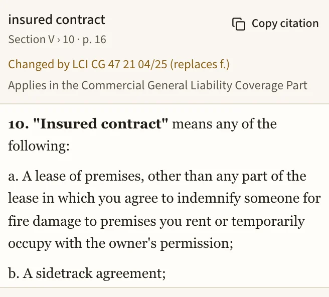 The definition of “insured contract” open in Grounds' policy map, with a line naming the endorsement that replaced its paragraph f.