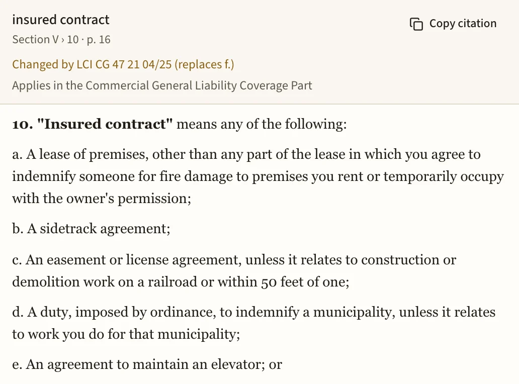 The definition of “insured contract” open in Grounds' policy map, with a line naming the endorsement that replaced its paragraph f.