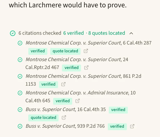 The end of a chat answer about the duty to defend, with the line under it counting the citations checked and verified and the quotes located, expanded into a list of each citation and its status.