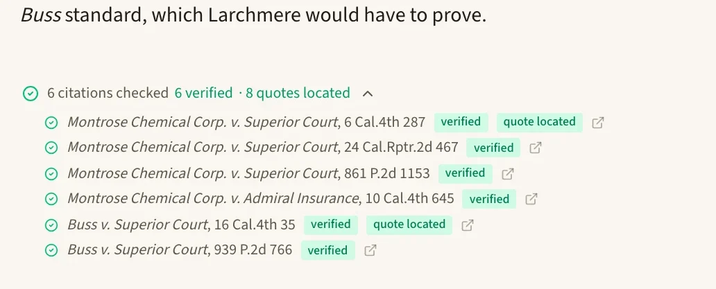 The line under a chat answer reporting how many citations were checked and verified and how many quotes were located, expanded into a list of each citation and its status.