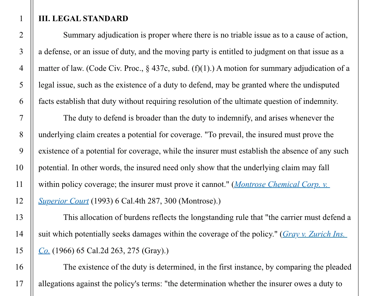 A motion for summary adjudication in the Grounds editor on pleading paper, with line numbers down the left and a case citation in its text.