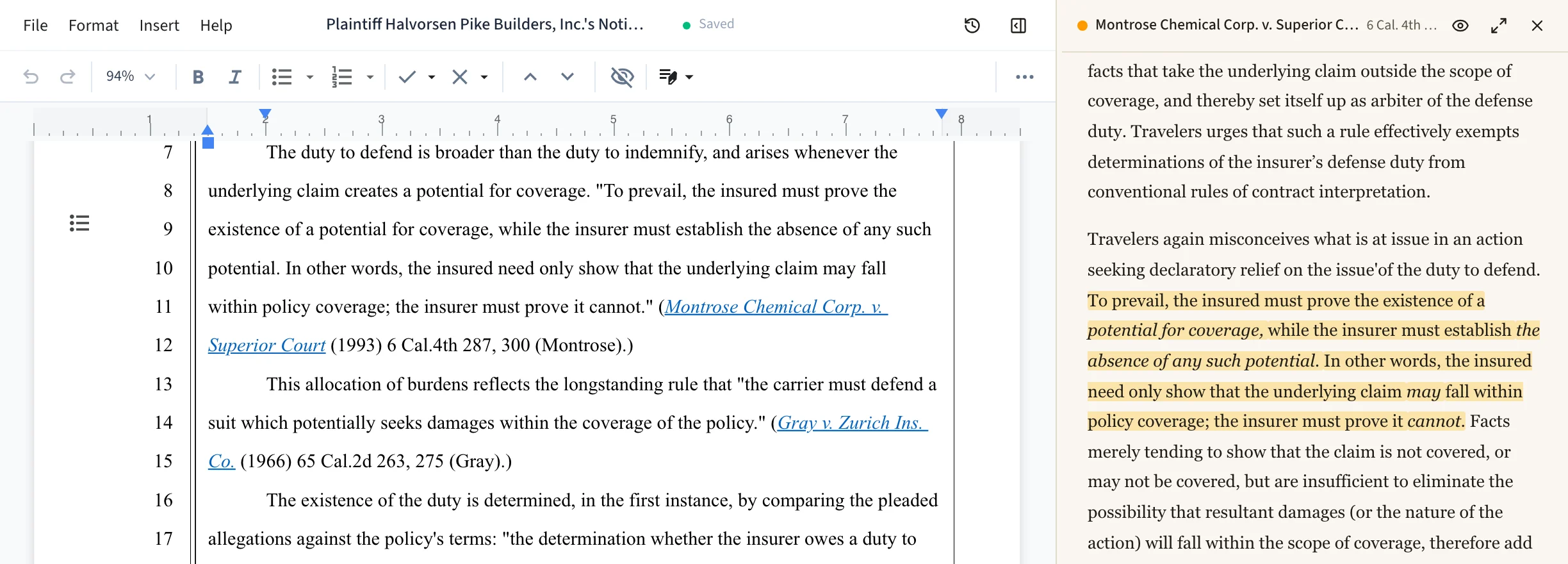 A motion in the Grounds editor citing a case, and the cited California Supreme Court opinion open on the right with the quoted passage highlighted.