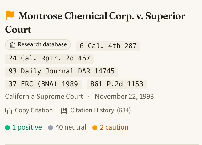 A California Supreme Court opinion open in the side panel: the case name, parallel citations, court and date at the top, then the opinion text scrolled to a highlighted passage.