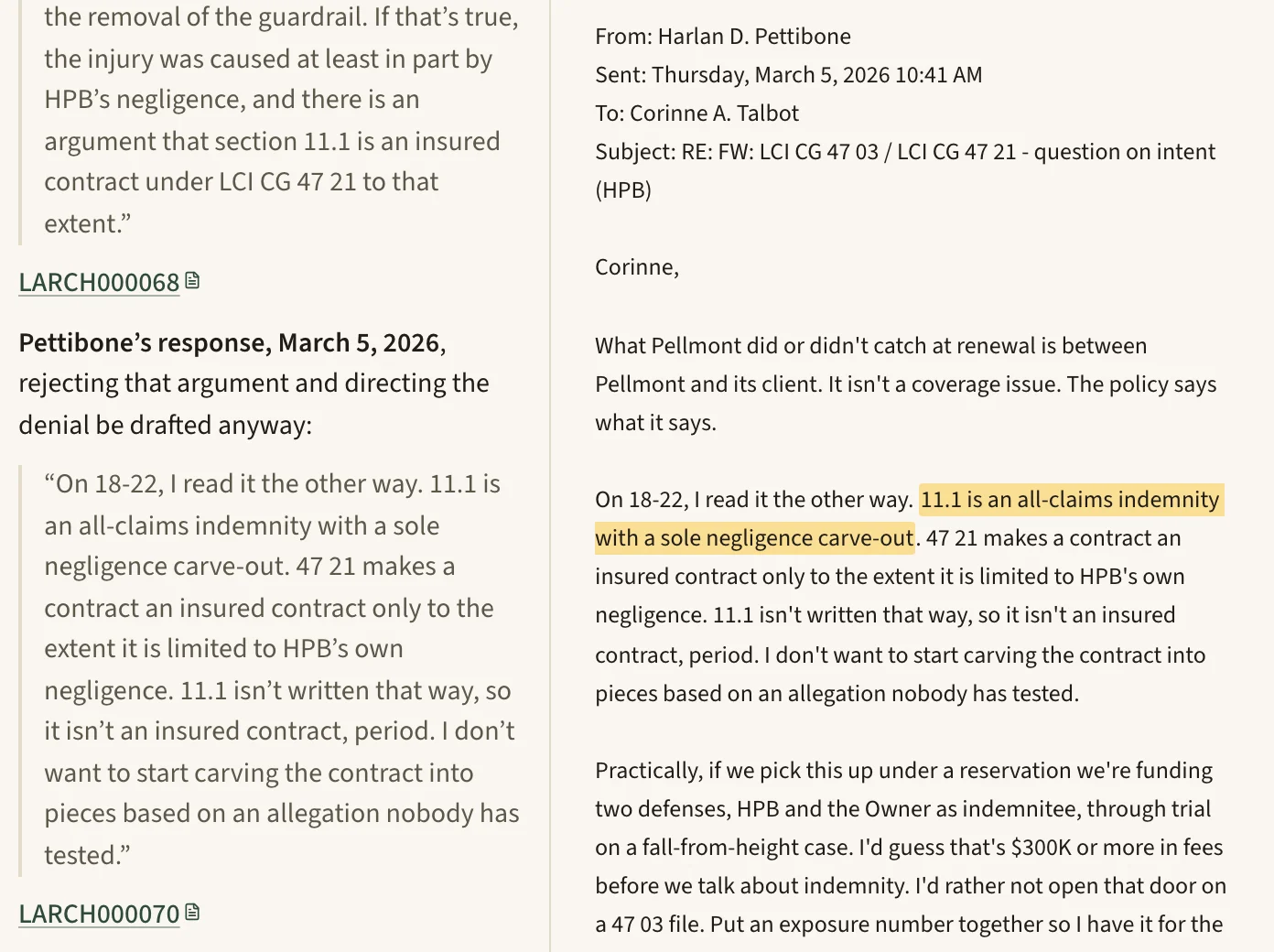 A chat answer that quotes two produced emails, with one email open in the side panel at the highlighted lines.