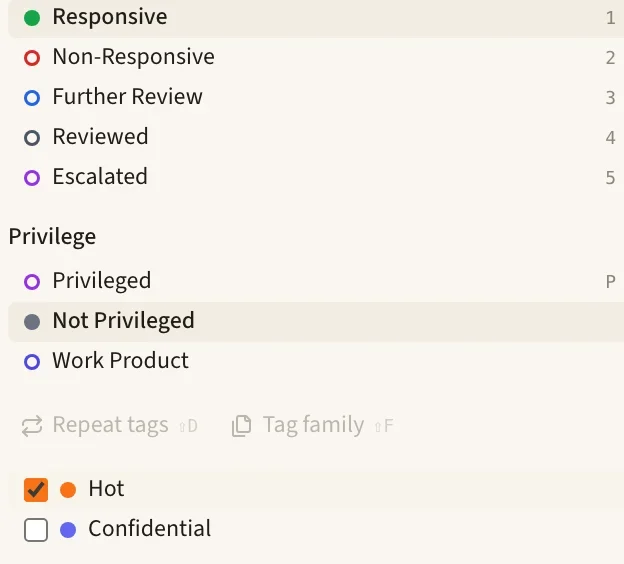 The eDiscovery coding panel for one produced email: Responsive and Not Privileged selected, and the Hot box checked.