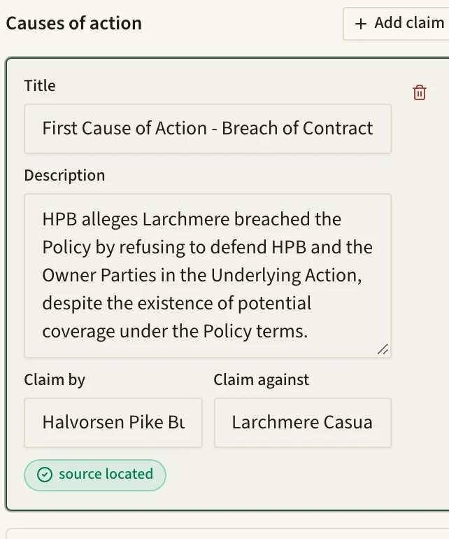 The intake review page with the extracted causes of action on the left, and the complaint on the right with the passage for the selected claim highlighted.
