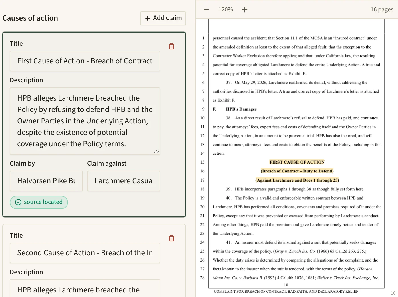 The intake review page with the extracted causes of action on the left, and the complaint on the right with the passage for the selected claim highlighted.