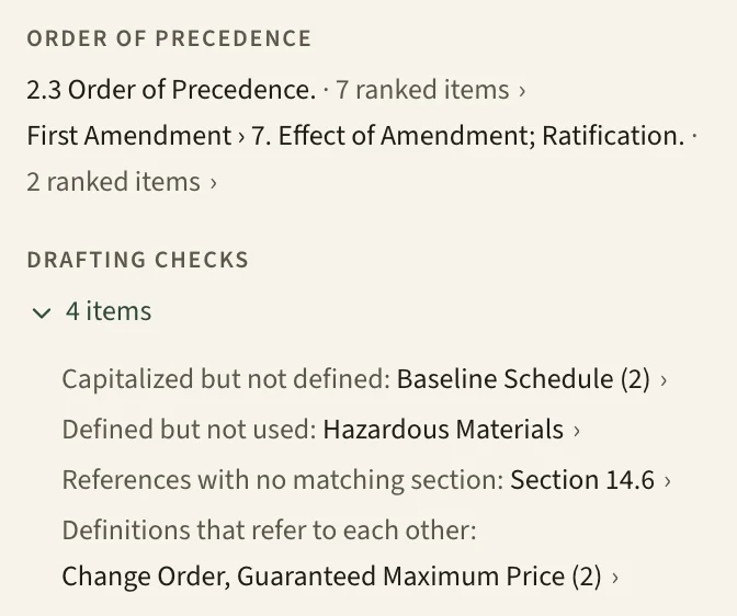 A contract map's summary: the order of precedence, naming the first amendment's ratification clause, and the drafting checks, listing a broken section reference and an undefined capitalized term.