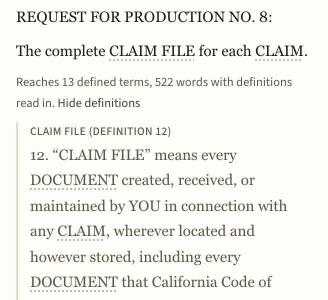 A requests map: Request No. 8 with a line counting the defined terms it reaches and the words once their definitions are read in, the CLAIM FILE and CLAIM definitions set in under it, and the set's PDF on pleading paper beside it, open at the request.