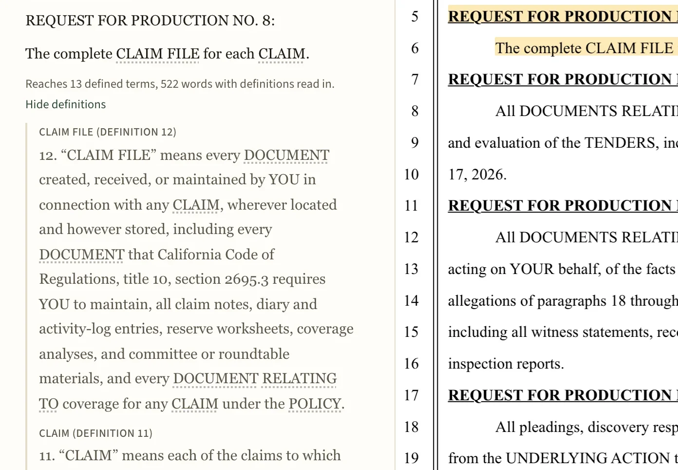 A requests map: Request No. 8 with a line counting the defined terms it reaches and the words once their definitions are read in, the CLAIM FILE and CLAIM definitions set in under it, and the set's PDF on pleading paper beside it, open at the request.