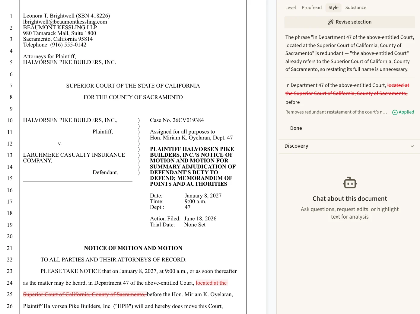 A motion in the Grounds editor with numbered lines down the left, a superior court caption, and a struck phrase shown as a tracked change beside the AI panel.