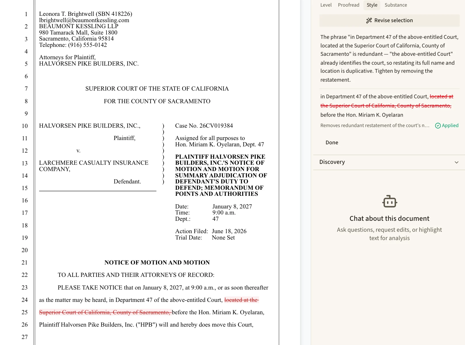 A motion on pleading paper in the Grounds editor: numbered lines down the left, the attorney block and a superior court caption at the top, and a struck phrase shown as a tracked change beside the AI panel.